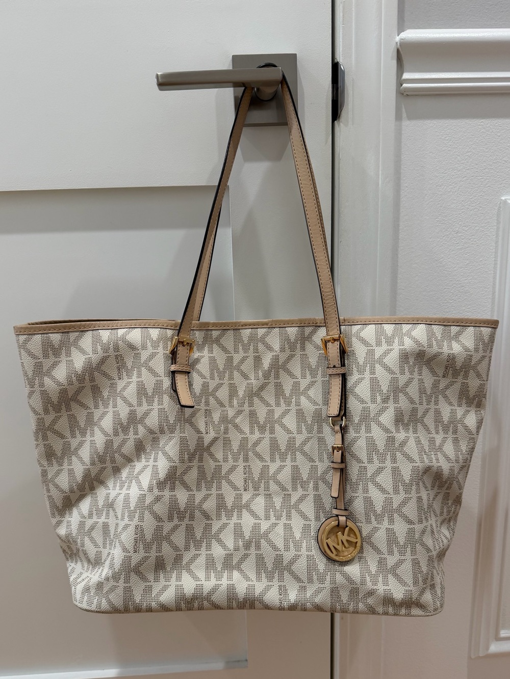 Michael Kors Monogram Tote Bag Purse Large Used White Gray